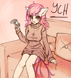 Size: 1558x1701 | Tagged: safe, artist:kindpineapple, anthro, advertisement, breasts, clothes, commission, controller, couch, female, looking at you, mare, pillow, sitting, solo, sweater, your character here