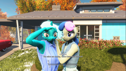 Size: 1920x1080 | Tagged: safe, artist:bronyairman2552, bon bon, lyra heartstrings, sweetie drops, earth pony, anthro, g4, armpits, clothes, fallout, fallout 4, fallout 4 equestria mod, female, lesbian, ship:lyrabon, shipping