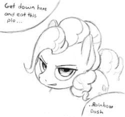 Size: 740x693 | Tagged: safe, artist:trickydick, pinkie pie, earth pony, pony, g4, angry, eat my pie, female, sketch, solo, that pony sure does hate pies