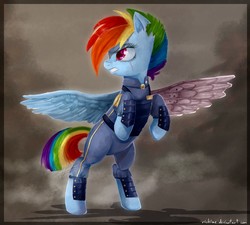 Size: 1257x1129 | Tagged: safe, artist:riukime, rainbow dash, pegasus, pony, g4, alternate timeline, amputee, apocalypse dash, augmented, crystal war timeline, eye scar, female, prosthetic limb, prosthetic wing, prosthetics, rearing, scar, solo, spread wings, torn ear, wings