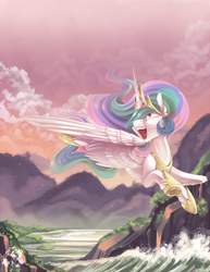 Size: 600x776 | Tagged: safe, artist:breloomsgarden, princess celestia, alicorn, pony, g4, cute, female, flying, happy, large wings, majestic as fuck, mare, ocean, open mouth, praise the sun, solo, spread wings, sunset, underhoof, wings