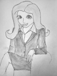 Size: 3120x4160 | Tagged: safe, artist:jesterofdestiny, derpibooru exclusive, fluttershy, human, g4, black and white, blouse, business suit, button-up shirt, clothes, crossed legs, female, grayscale, humanized, looking at you, monochrome, shirt, sitting, skirt, smiling, solo, suit, traditional art, tube skirt
