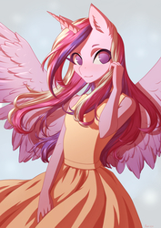 Size: 905x1280 | Tagged: safe, artist:glorious-rarien, princess cadance, alicorn, anthro, g4, clothes, dress, female, looking at you, mare, simple background, smiling, solo, wings