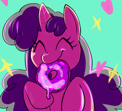 Size: 987x900 | Tagged: safe, artist:norithecat, oc, oc:bubble brush, pony, unicorn, ^^, donut, eyes closed, female, food, mare, solo