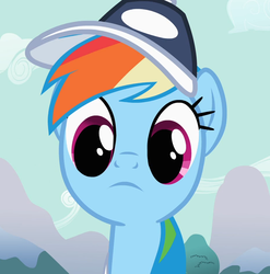 Size: 926x936 | Tagged: safe, screencap, rainbow dash, pony, g4, may the best pet win, baseball cap, bust, cap, coach rainbow dash, cropped, female, hat, mare, portrait, solo