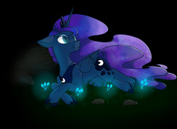 Size: 1650x1200 | Tagged: safe, artist:whiten74, princess luna, alicorn, pony, g4, :3, dark, dark background, female, floppy ears, lying, mare, smiling, solo