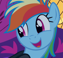 Size: 1140x1050 | Tagged: safe, screencap, rainbow dash, pegasus, pony, g4, read it and weep, bust, catsuit, cropped, cute, dashabetes, female, mare, open mouth, smiling, solo
