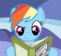 Size: 1108x1020 | Tagged: safe, screencap, daring do, rainbow dash, pony, g4, read it and weep, book, cropped, female, reading, smiling, solo