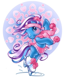 Size: 700x830 | Tagged: safe, artist:lyn fletcher, snowflake (g3), earth pony, pony, g3, official, accessory, bipedal, blue coat, blue mane, blushing, clothes, female, headband, heart, heart eyes, ice, ice skates, ice skating, mandala, mare, missing cutie mark, multicolored mane, pom pom, ponytail, pose, purple hair, purple mane, scarf, scrunchie, simple background, skates, skating, skirt, snow, snowflake, solo, spinning, white background, wingding eyes, winter, winter outfit