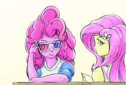 Size: 2039x1377 | Tagged: safe, artist:oberon826, fluttershy, pinkie pie, equestria girls, g4, 3d glasses, book, clothes, duo, female, looking at you, looking back, looking back at you, shirt, simple background