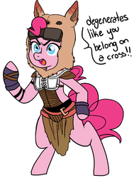Size: 874x1157 | Tagged: safe, artist:/d/non, pinkie pie, earth pony, pony, g4, angry, bipedal, caesar's legion, clothes, cosplay, costume, dialogue, drawthread, fallout, fallout: new vegas, female, mare, request, simple background, solo, standing, threat, white background