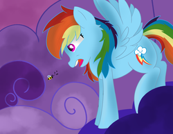 Size: 3300x2550 | Tagged: safe, artist:skyflys, rainbow dash, bee, pegasus, pony, g4, ^w^, cloud, cute, dashabetes, female, high res, mare, scared, solo, spread wings, wings