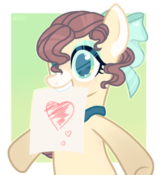 Size: 2507x2746 | Tagged: safe, artist:harusocoma, oc, oc only, oc:velest, earth pony, pony, base used, bow, female, hair bow, high res, mare, mouth hold, paper, solo