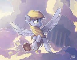 Size: 2800x2200 | Tagged: safe, artist:freeedon, derpy hooves, pegasus, pony, g4, cloud, column, female, flying, high res, letter, looking away, mailbag, mare, solo, spread wings, turned head, windswept mane, wings