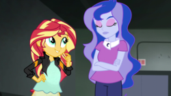Size: 1280x720 | Tagged: safe, edit, edited screencap, screencap, princess luna, sunset shimmer, vice principal luna, comic:a new change, equestria girls, g4, my little pony equestria girls: friendship games, anatomically incorrect, pregnant, pregnant edit, teen pregnancy, young adult pregnancy