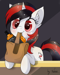 Size: 1000x1255 | Tagged: safe, artist:kaliner123, oc, oc only, oc:blackjack, pony, unicorn, fallout equestria, alcohol, applejack daniel's, bag, cute, cutie mark, female, jack daniels, mare, mouth hold, ocbetes, solo, to saddlebags and back again, whiskey