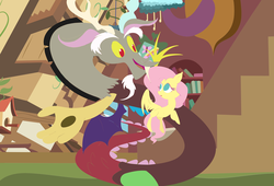 Size: 7024x4784 | Tagged: safe, artist:lyricjam, discord, fluttershy, draconequus, pegasus, pony, g4, absurd resolution, duo, female, flat colors, indoors, lineless, mare, pointy ponies