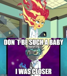 Size: 500x562 | Tagged: safe, edit, edited screencap, screencap, derpy hooves, sunset shimmer, acadeca, equestria girls, g4, my little pony equestria girls: friendship games, the science of magic, clothes, gloves, lab coat, rubber gloves, safety goggles