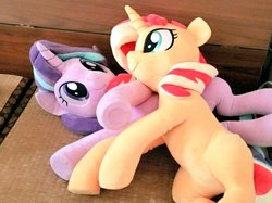 Size: 1024x767 | Tagged: safe, artist:nekokevin, starlight glimmer, sunset shimmer, pony, unicorn, series:nekokevin's glimmy, g4, cute, duo, female, glimmerbetes, irl, lesbian, looking at each other, lying down, mare, photo, plushie, shimmerbetes, ship:shimmerglimmer, shipping, smiling, underhoof