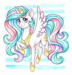 Size: 1481x1541 | Tagged: safe, artist:twixyamber, princess celestia, alicorn, pony, g4, abstract background, colored pencil drawing, ear piercing, female, flying, looking at you, mare, piercing, smiling, solo, traditional art