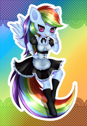 Size: 483x700 | Tagged: safe, artist:pink-pinktooth, rainbow dash, anthro, unguligrade anthro, g4, clothes, female, maid, rainbow maid, socks, solo, stockings, thigh highs