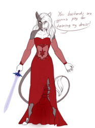 Size: 1492x1997 | Tagged: safe, artist:blackblood-queen, oc, oc only, oc:daniel dasher, dracony, hybrid, anthro, unguligrade anthro, angry, clothes, colored sketch, crossdressing, dialogue, dress, fangs, leonine tail, looking at you, male, red dress, simple background, solo, speech bubble, stallion, sword, torn clothes, weapon, white background