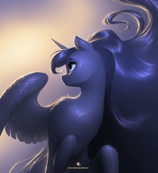 Size: 2716x2965 | Tagged: safe, artist:katputze, princess luna, alicorn, pony, g4, cheek fluff, chest fluff, cute, ear fluff, female, fluffy, gradient background, high res, leg fluff, looking back, looking up, lunabetes, mare, missing accessory, raised hoof, shiny, shiny mane, shoulder fluff, sitting, smiling, solo, sparkles, spread wings, wing fluff, wings