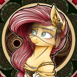 Size: 2500x2500 | Tagged: safe, artist:lrusu, fluttershy, pegasus, pony, g4, abstract background, bust, clothes, dress, feather, female, high res, jewelry, looking away, looking up, mare, portrait, regalia, smiling, solo, veil