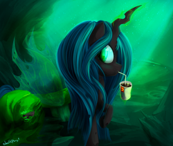 Size: 4977x4200 | Tagged: safe, artist:1deathpony1, queen chrysalis, changeling, changeling queen, g4, absurd resolution, drinking, drinking straw, female, looking back, soda, solo