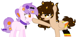 Size: 1024x503 | Tagged: safe, artist:crystalponyart7669, oc, oc only, oc:candy corn, oc:sugary sweet, earth pony, pegasus, pony, female, mare, scrunchy face, simple background, transparent background
