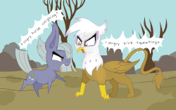 Size: 1661x1045 | Tagged: safe, artist:dragonpone, artist:paskanaakka, derpibooru exclusive, gilda, limestone pie, earth pony, griffon, pony, g4, angry, animated, birb, bird noises, chest fluff, descriptive noise, duo, ear fluff, eye contact, female, frown, gif, glare, horse noises, looking at each other, mare, neigh, open mouth, pointy ponies, raised hoof, raised leg, sketch, speech bubble, squawk, tongue out, yelling