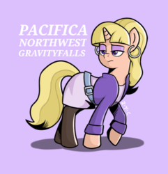 Size: 627x650 | Tagged: safe, artist:z-y-c, pony, unicorn, clothes, ear piercing, earring, female, gravity falls, jewelry, male, mare, pacifica northwest, piercing, ponified, purple background, simple background, solo