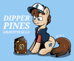 Size: 694x576 | Tagged: safe, artist:z-y-c, earth pony, pony, blue background, book, clothes, dipper pines, gravity falls, hat, jacket, journal #3, male, ponified, simple background, solo, stallion