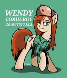 Size: 604x708 | Tagged: safe, artist:z-y-c, earth pony, pony, clothes, ear piercing, earring, female, gravity falls, hat, jewelry, male, mare, piercing, ponified, solo, wendy corduroy