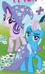 Size: 730x1206 | Tagged: safe, starlight glimmer, trixie, butterfly, pony, unicorn, g4, my little pony: fly into friendship, cape, clothes, duo, duo female, female, hat, magic, trixie's cape, trixie's hat