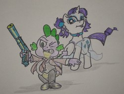 Size: 1200x911 | Tagged: safe, rarity, spike, g4, detective, female, gun, handgun, m1911, male, pistol, ship:sparity, shipping, straight, suit and tie, traditional art
