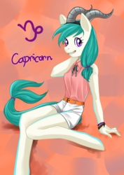 Size: 2149x3035 | Tagged: safe, artist:nebbia11, capricorn (g4), anthro, unguligrade anthro, g4, blouse, bracelet, capricorn, clothes, female, hair tie, high res, horns, jewelry, looking at you, ponyscopes, ponytail, shorts, sitting, smiling, solo, zodiac