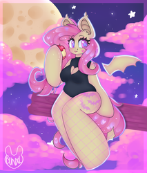 Size: 3400x4000 | Tagged: safe, artist:bunxl, fluttershy, bat pony, anthro, unguligrade anthro, g4, apple, arm hooves, boob window, female, fishnet stockings, flutterbat, food, heart, heart eyes, heart shaped boob window, looking at you, mare, race swap, solo, wingding eyes