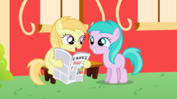 Size: 1440x806 | Tagged: safe, screencap, aura (g4), noi, earth pony, pony, g4, ponyville confidential, aurabetes, background pony, cute, duo, female, filly, foal free press, grin, hoof hold, newspaper, noiabetes, reading, sitting, smiling