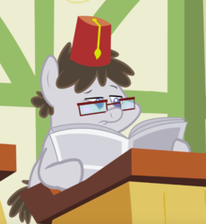 Size: 613x667 | Tagged: safe, screencap, truffle shuffle, earth pony, pony, g4, ponyville confidential, background pony, colt, cropped, fez, foal free press, glasses, hat, male, newspaper, reading, solo