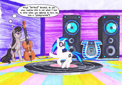 Size: 3288x2286 | Tagged: safe, artist:malte279, dj pon-3, octavia melody, vinyl scratch, g4, cello, comic, high res, marker drawing, musical instrument, pickup, pun, traditional art, vinyl disc
