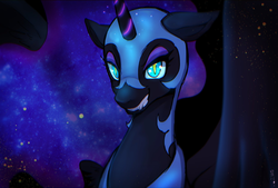 Size: 2039x1378 | Tagged: safe, artist:hosikawa, nightmare moon, alicorn, pony, g4, bedroom eyes, eyeshadow, female, grin, looking at you, makeup, mare, smiling, solo