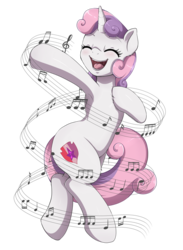 Size: 2233x3056 | Tagged: dead source, safe, artist:evomanaphy, sweetie belle, pony, unicorn, g4, armpits, cute, diasweetes, eyes closed, female, filly, high res, mare, music notes, open mouth, simple background, singing, solo, the cmc's cutie marks, transparent background