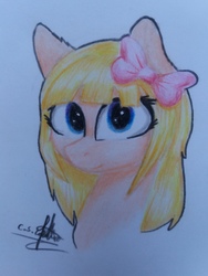 Size: 3096x4128 | Tagged: safe, artist:ironbeastz, oc, oc only, oc:snow flake, pony, bow, bust, female, hair bow, mare, portrait, solo, traditional art