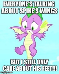 Size: 255x320 | Tagged: safe, edit, edited screencap, editor:useraccount, screencap, spike, g4, molt down, cropped, excessive exclamation marks, feet, image macro, male, meme, shitposting, solo, winged spike, wings