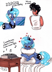 Size: 1321x1834 | Tagged: safe, artist:newyorkx3, princess luna, oc, oc:tommy, alicorn, human, pony, g4, comic, female, heart, heart eyes, mare, music, pillow, record player, richard marx, simple background, traditional art, wingding eyes