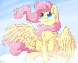 Size: 1024x824 | Tagged: dead source, safe, artist:xgglitch, fluttershy, pegasus, pony, g4, chest fluff, female, mare, smiling, solo, spread wings, wings