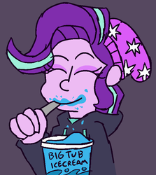 Size: 650x730 | Tagged: safe, artist:threetwotwo32232, starlight glimmer, equestria girls, g4, 30 minute art challenge, beanie, clothes, cute, female, food, glimmerbetes, hat, hoodie, ice cream, messy eating, solo, sweater, that human sure does love ice cream, that pony sure does love ice cream