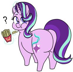Size: 1120x1101 | Tagged: safe, artist:/d/non, starlight glimmer, pony, unicorn, g4, 30 minute art challenge, adorafatty, butt, chubby, chubby cheeks, cute, dock, eating, fat, female, food, french fries, glimmer glutes, glimmerbetes, glowing horn, horn, mare, plot, solo, starlard glimmer