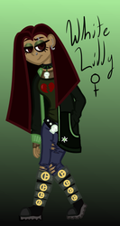 Size: 400x750 | Tagged: safe, artist:eppyminecart, oc, oc only, oc:white lilly, human, icey-verse, belt, boots, clothes, collar, dark skin, ear piercing, earring, eyebrow piercing, eyeshadow, female, goth, gradient background, green background, humanized, humanized oc, jacket, jeans, jewelry, magical lesbian spawn, makeup, next generation, nose piercing, offspring, pants, parent:applejack, parent:strawberry sunrise, parents:applerise, piercing, shoes, simple background, solo, spiked collar, torn clothes